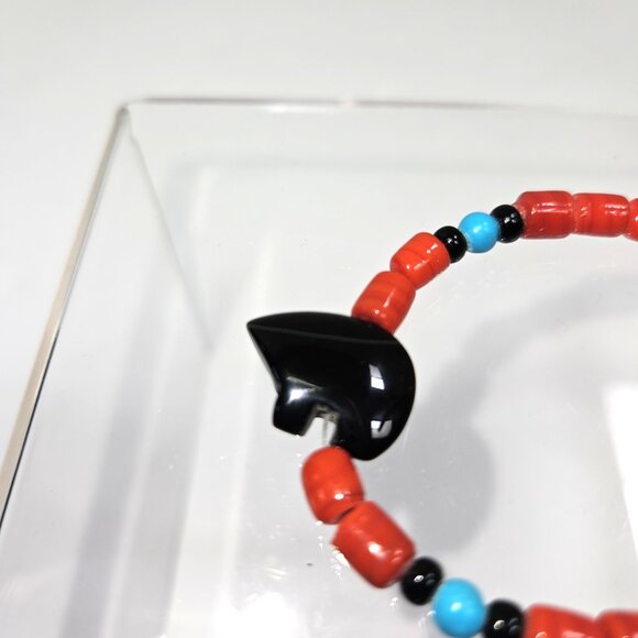 Carved Onyx Bear Fetish, Turquoise Beads, & Coral Tubes Small or Child Bracelet - Picture 4 of 8